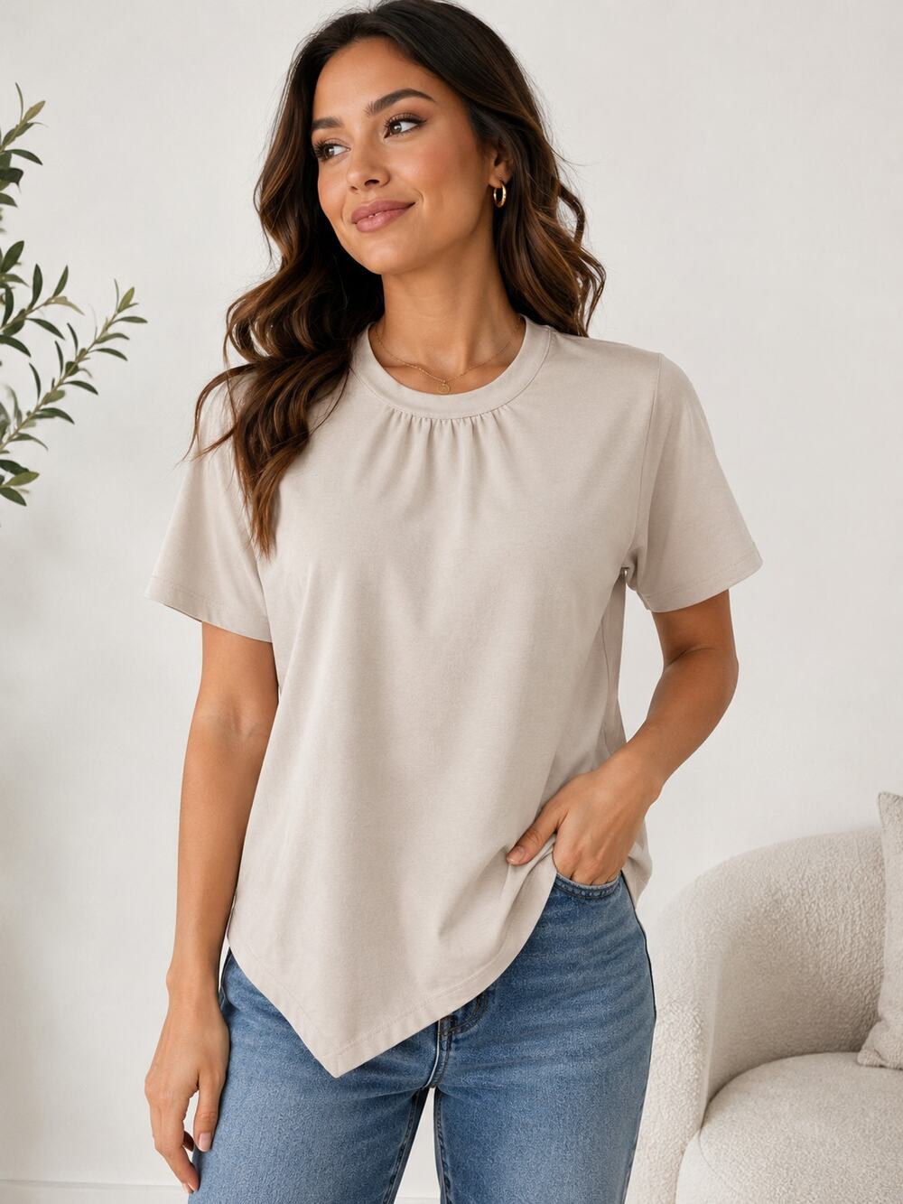 SHEIN Women’s Large Beige Gathered Neck Short Sleeve Asymmetrical Hem Top